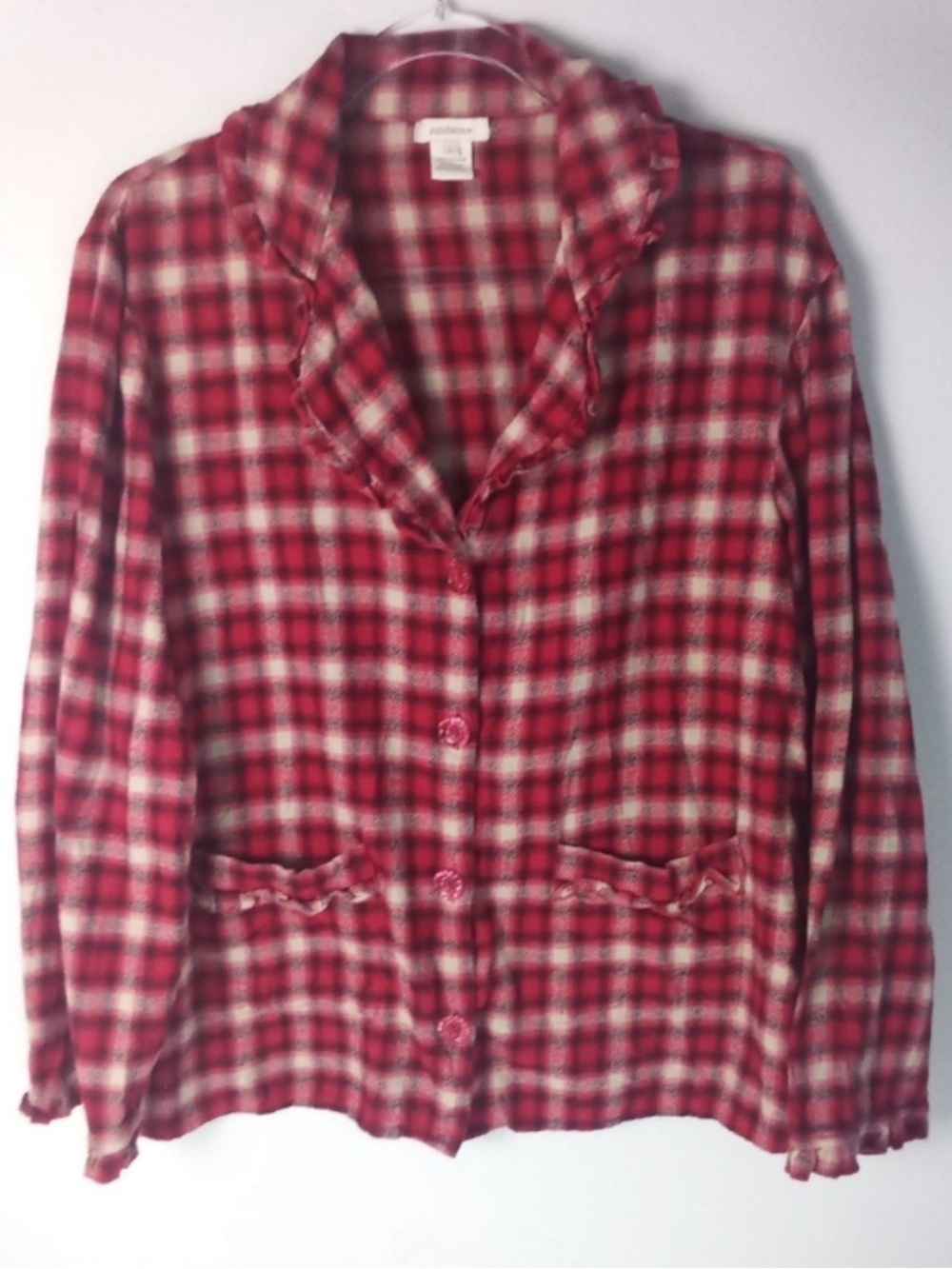 SUNDANCE Jacket Soft Shirt Flannel Ruffles Plaid Red Black White Size Large
